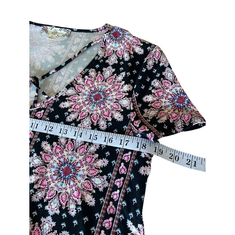 Pink Rose Dress Women's Size Large Short Sleeve Stretchy Black Pink Teal - Picture 11 of 12